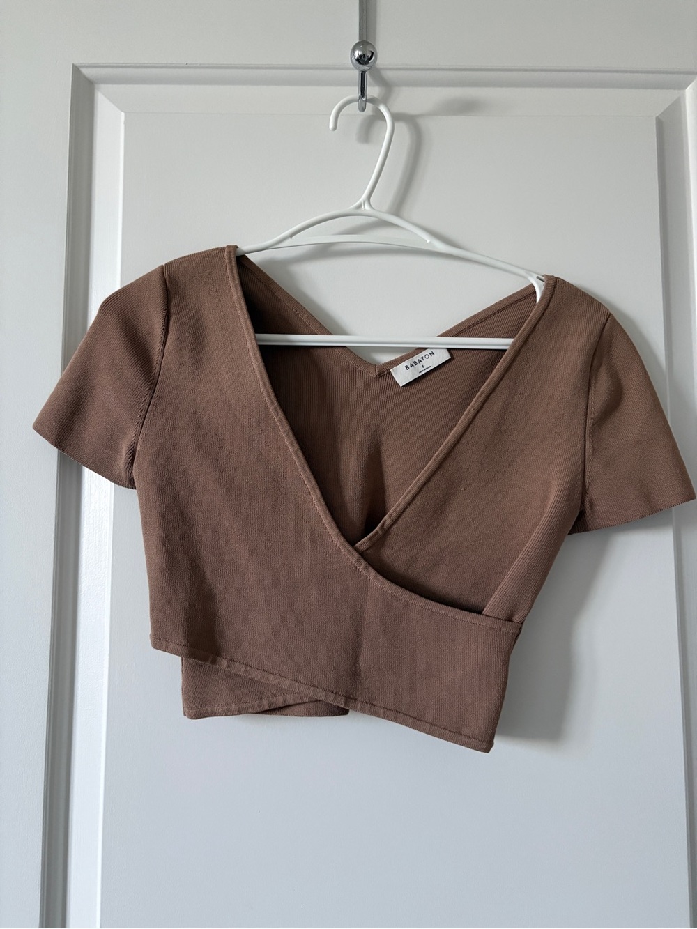 Babaton Brown Sculpt Knit Wrap Crop Top